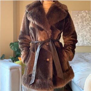 Vintage Patchwork Brown Faux Fur Coat with Belt